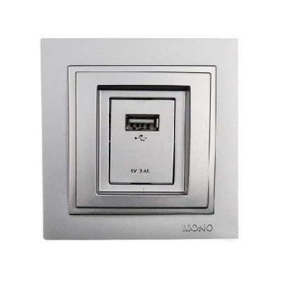 Πρίζα usb φορτίου 2,4A ασημί Mono Electric σειρά Despina Metallic
