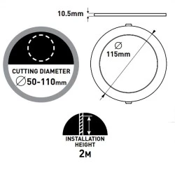 Φωτιστικό  Led 8W με ρυθμιζόμενη εγκοπή Φ50-115mm 6500k σε χρώμα λευκό μη στεγανό IP20
