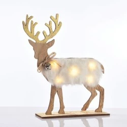 Ξύλινος τάρανδος με λευκή γούνα με 5 MINI LED σε θερμό χρώμα φωτός IP20 & 26x5x25cm