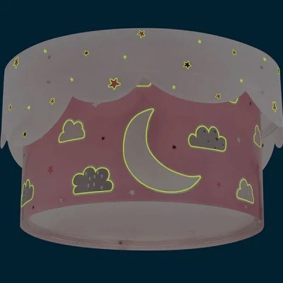 Παιδικό φωτιστικό οροφής πλαφονιέρα Moon Pink με ντουί E27 x 2  με φωσφορίζοντα στο σκοτάδι εξωτερικά μέρη & ανεξίτηλη εκτύπωση χρωμάτων