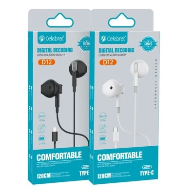 Ακουστικά ενσύρματα CELEBRAT earphones με μικρόφωνο D12 USB-C με μήκος καλωδίου 1.2m σε λευκό χρώμα 