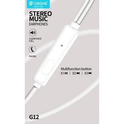Ακουστικά ψείρες CELEBRAT earphones G12 με μικρόφωνο 14.2m1.2m καλώδιο σε λευκό χρώμα Ακουστικά ψείρες CELEBRAT earphones G12 με μικρόφωνο 14.2m1.2m καλώδιο σε λευκό χρώμα