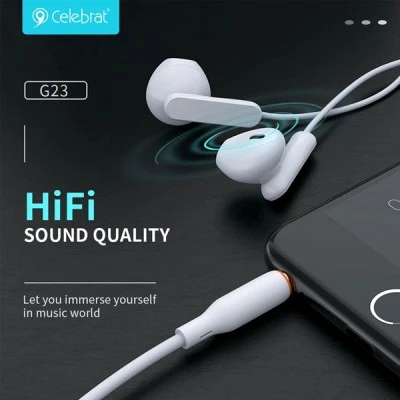 Ακουστικά ενσύρματα CELEBRAT earphones με μικρόφωνο G23 3.5mm με μήκος καλωδίου 1.2m σε λευκό χρώμα Ακουστικά ενσύρματα CELEBRAT earphones με μικρόφωνο G23 3.5mm με μήκος καλωδίου 1.2m σε λευκό χρώμα