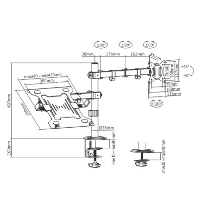 Βάση γραφείου BRATECKBRATECK LDT66-C024ML για οθόνη 17"-32" & laptop έως 9kg ρυθμιζόμενη Βάση γραφείου BRATECKBRATECK LDT66-C024ML για οθόνη 17"-32" & laptop έως 9kg ρυθμιζόμενη