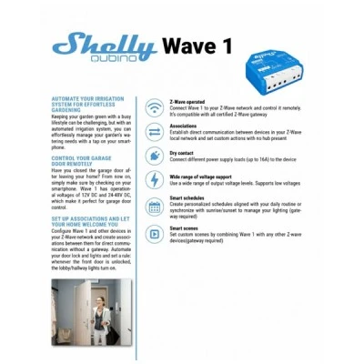 Έξυπνος διακόπτης τεχνολογίας Z-Wave™ 1 καναλιού 16 A Shelly Qubino Wave 1