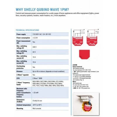 Έξυπνος διακόπτης Shelly Qubino Wave 1PM με μέτρηση ισχύος 1 καναλιού 16 A Έξυπνος διακόπτης Shelly Qubino Wave 1PM με μέτρηση ισχύος 1 καναλιού 16 A