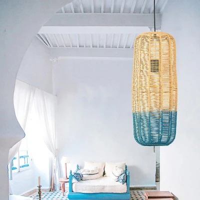 Φωτιστικό κρεμαστό μονόφωτο 1*E27 ARTE ILLUMINA από Rattan άσπρο με γαλάζιο IP20