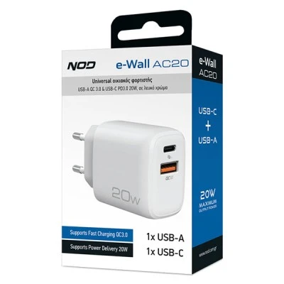 Universal οικιακός φορτιστής NOD USB-A QC3.0 & USB-C PD3.0 20W σε λευκό χρώμα