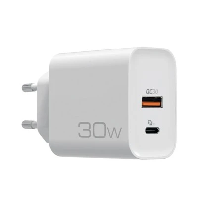 Universal οικιακός φορτιστής NOD USB-A QC3.0 & USB-C PD3.0 30W σε λευκό χρώμα