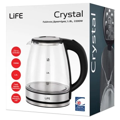 Γυάλινος βραστήρας  LiFE Crystal 1.8L 2200W διαθέτει Strix controller για μέγιστη ασφάλεια & αυτόματη ή/και χειροκίνητη απενεργοποίηση