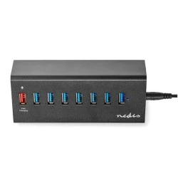 USB 3.0 Hub 7 θυρών + 1 θύρα QC3.0 με τροφοδοτικό σε μαύρο χρώμα.
