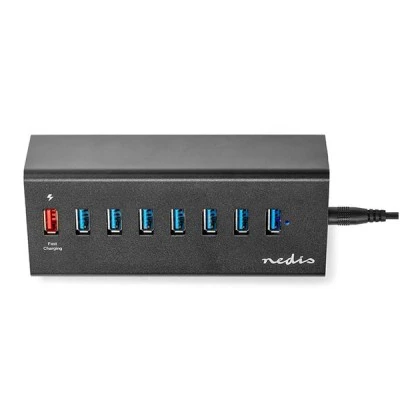 USB 3.0 Hub 7 θυρών + 1 θύρα QC3.0 με τροφοδοτικό σε μαύρο χρώμα.