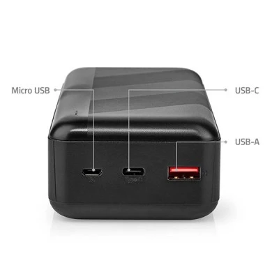 Power Bank NEDIS 30.000 mAh με δύο εξόδους USB 1x USB Type-A, 1x USB Type-C  σε μαύρο χρώμα με δυνατότητα γρήγορης φόρτισης smartphone έως και 12 φορές