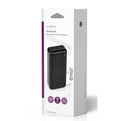 Power Bank NEDIS 30.000 mAh με δύο εξόδους USB 1x USB Type-A, 1x USB Type-C  σε μαύρο χρώμα με δυνατότητα γρήγορης φόρτισης smartphone έως και 12 φορές