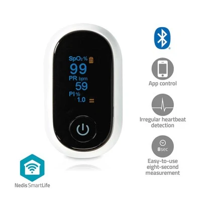 Οξύμετρο παλμικό Smart Bluetooth Nedis με οθόνη LED σε λευκό χρώμα εμφανίζει με ακρίβεια τις μετρήσεις