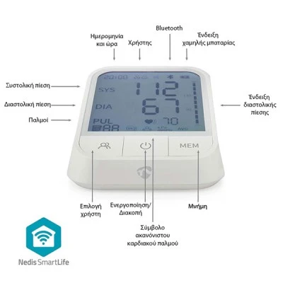 Πιεσόμετρο μπράτσου Smart Bluetooth Nedis με ανίχνευση ακανόνιστου καρδιακού παλμού με μέγεθος οθόνης 814x829mm