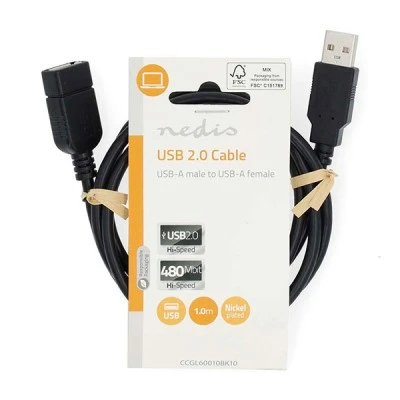 Καλώδιο NEDIS USB High-Speed Α αρσ. - USB A θηλ. με μήκος 1m σε μαύρο χρώμα