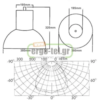 Φωτιστικό καμπάνα Ø380mm για λάμπες E27 125W MBF υδραργύρου με πυκνωτή 