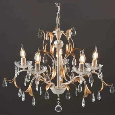Φωτιστικό κρεμαστό πεντάφωτο λευκό πατίνα με κρύσταλλα & φύλλα χρυσού για λάμπες Ε14 σειρά Elegant