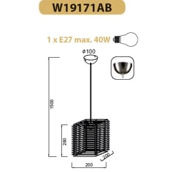 Φωτιστικό κρεμαστό μονόφωτο 200x200mm τετράγωνο από μπαμπού με ντουί E27 σειρά Primary