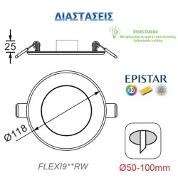 Led panel λευκό στρογγυλό χωνευτό 9W 3000k θερμό με ρυθμιζόμενη διάμετρο εγκατάστασης Ø50-100mm