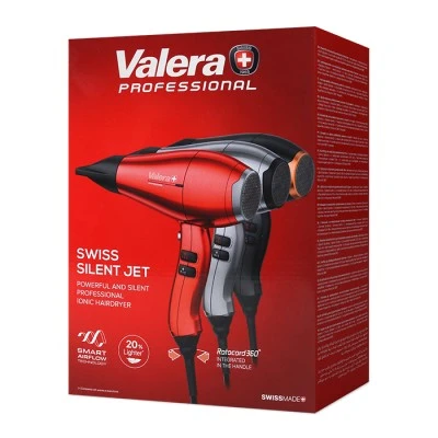 Επαγγελματικό σεσουάρ μαλλιών VALERA SWISS SILENT JET 8600 D με AC μοτέρ 2400W και καλώδιο με σύστημα Rotocord στη λαβή για περιστροφή 360° σε ασημί χρώμα