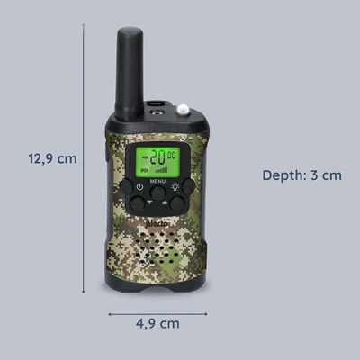 Walkie talkie Alecto FR115CAMO με εμβέλεια έως 7 km, 8 κανάλια, λειτουργία VOX, ενσωματωμένο φακό και χρώμα παραλλαγής Walkie talkie Alecto FR115CAMO με εμβέλεια έως 7 km, 8 κανάλια, λειτουργία VOX, ενσωματωμένο φακό και χρώμα παραλλαγής