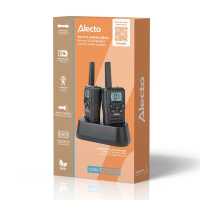 Walkie talkie Alecto FR200BK με εμβέλεια έως 10 km, 8 κανάλια, λειτουργία VOX, οθόνη 1.3" και βάση φόρτισης