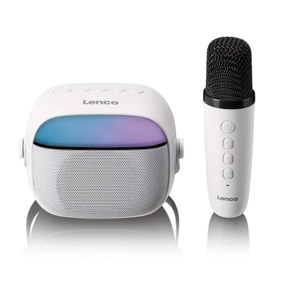 Ηχείο Bluetooth Lenco BTC-020 με ασύρματο μικρόφωνο καραόκε, RGB φωτισμό, Bluetooth 5.3 και λευκό χρώμα