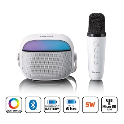 Ηχείο Bluetooth Lenco BTC-020 με ασύρματο μικρόφωνο καραόκε, RGB φωτισμό, Bluetooth 5.3 και λευκό χρώμα