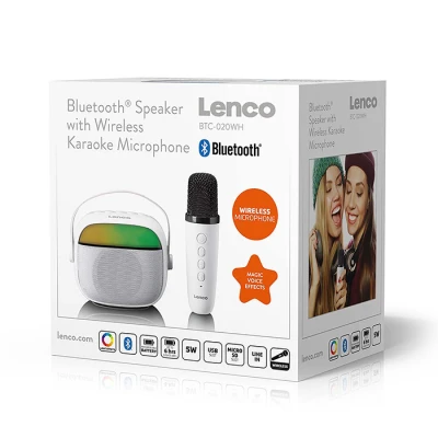 Ηχείο Bluetooth Lenco BTC-020 με ασύρματο μικρόφωνο καραόκε, RGB φωτισμό, Bluetooth 5.3 και λευκό χρώμα