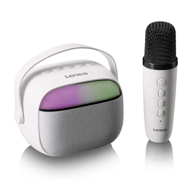 Ηχείο Bluetooth Lenco BTC-020 με ασύρματο μικρόφωνο καραόκε, RGB φωτισμό, Bluetooth 5.3 και λευκό χρώμα