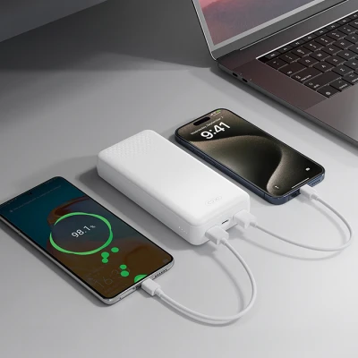 Powerbank 20.000 mAh με 3 θύρες USB, 2x USB-A και USB-C, σε λευκό χρώμα Powerbank 20.000 mAh με 3 θύρες USB, 2x USB-A και USB-C, σε λευκό χρώμα