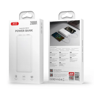 Powerbank 20.000 mAh με 3 θύρες USB, 2x USB-A και USB-C, σε λευκό χρώμα Powerbank 20.000 mAh με 3 θύρες USB, 2x USB-A και USB-C, σε λευκό χρώμα