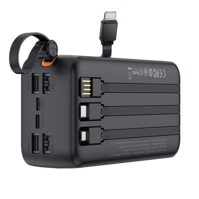 Power Bank 30.000mAh XO PR280 με 4 ενσωματωμένα καλώδια 1xUSB-Α, 1xUSB Type-C + 1xMicro USB + 1xLightning 10W μαύρο 148x71x44.5mm