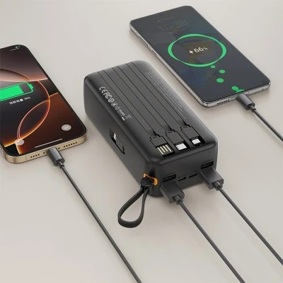 Power Bank 30.000mAh XO PR280 με 4 ενσωματωμένα καλώδια 1xUSB-Α, 1xUSB Type-C + 1xMicro USB + 1xLightning 10W μαύρο 148x71x44.5mm