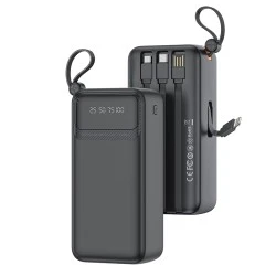 Power Bank 30.000mAh XO PR280 με 4 ενσωματωμένα καλώδια 1xUSB-Α, 1xUSB Type-C + 1xMicro USB + 1xLightning 10W μαύρο 148x71x44.5mm