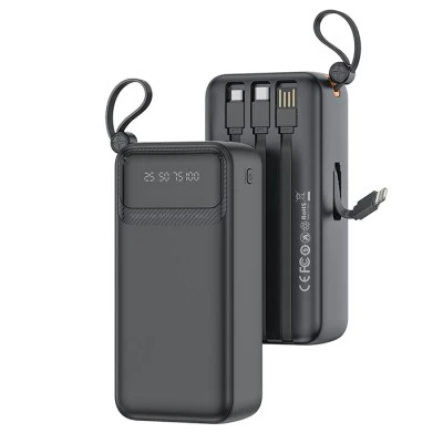 Power Bank 30.000mAh XO PR280 με 4 ενσωματωμένα καλώδια 1xUSB-Α, 1xUSB Type-C + 1xMicro USB + 1xLightning 10W μαύρο 148x71x44.5mm