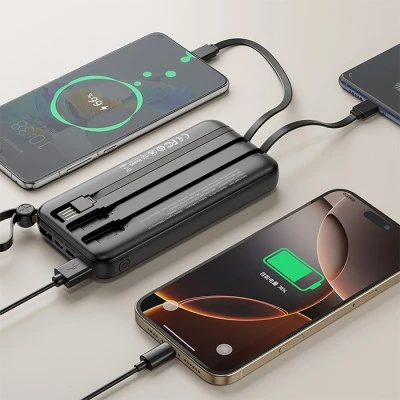 Power Bank 10000mAh XO PR278 με 4 ενσωματωμένα καλώδια 1xUSB-Α, 1xUSB Type-C + 1xMicro USB + 1xLightning 71x20x145.5mm