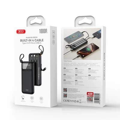 Power Bank 10000mAh XO PR278 με 4 ενσωματωμένα καλώδια 1xUSB-Α, 1xUSB Type-C + 1xMicro USB + 1xLightning 71x20x145.5mm