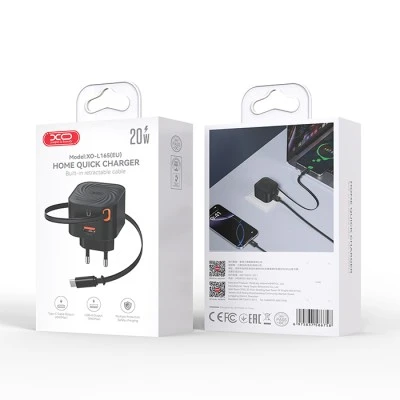 Φορτιστής XO L165 με θύρα USB-A και ενσωματωμένο καλώδιο Type-C 20W μαύρος