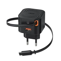 Φορτιστής XO L165 με θύρα USB-A και ενσωματωμένο καλώδιο Type-C 20W μαύρος