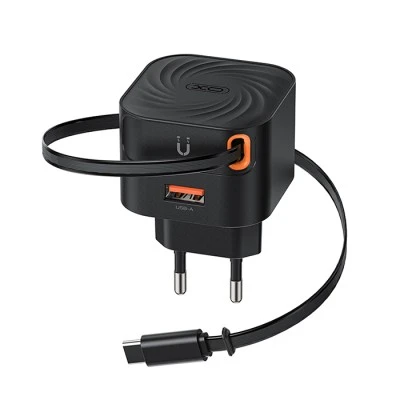 Φορτιστής XO L165 με θύρα USB-A και ενσωματωμένο καλώδιο Type-C 20W μαύρος