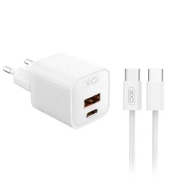 Universal φορτιστής PD20W XO L147 με 2 εξόδους 1xUSB-A & 1xUSB-C και αποσπώμενο καλώδιο USB type-C  λευκός