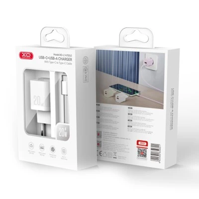 Universal φορτιστής PD20W XO L147 με 2 εξόδους 1xUSB-A & 1xUSB-C και αποσπώμενο καλώδιο USB type-C  λευκός