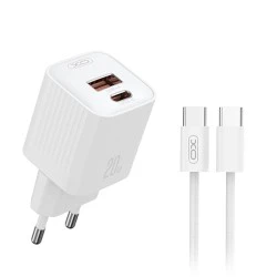 Universal φορτιστής PD20W XO L147 με 2 εξόδους 1xUSB-A & 1xUSB-C και αποσπώμενο καλώδιο USB type-C  λευκός