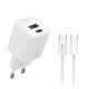 Universal φορτιστής PD20W XO L147 με 2 εξόδους 1xUSB-A & 1xUSB-C και αποσπώμενο καλώδιο USB type-C  λευκός