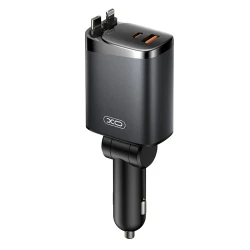 Φορτιστής αυτοκινήτου με 2 θύρες USB-A και USB-C, 2 ενσωματωμένα αναδιπλούμενα καλώδια Lightning και Type-C, 108W, μαύρος