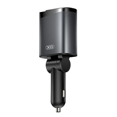 Φορτιστής αυτοκινήτου με 2 θύρες USB-A και USB-C, 2 ενσωματωμένα αναδιπλούμενα καλώδια Lightning και Type-C, 108W, μαύρος