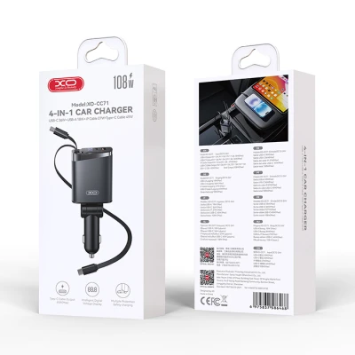 Φορτιστής αυτοκινήτου με 2 θύρες USB-A και USB-C, 2 ενσωματωμένα αναδιπλούμενα καλώδια Lightning και Type-C, 108W, μαύρος
